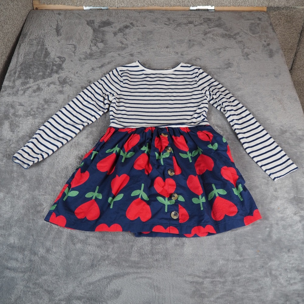Mini Boden Dress Girls 9-10Y Blue Striped‎ Heart Flower Casual Long Sleeve G2071